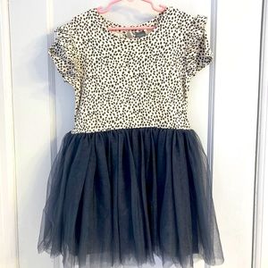 Girls spotted print cotton dress with gray tulle skirt, size 5-6 years